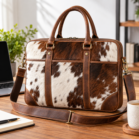 Cowhide Leather Laptop Bag | Hair On Hide Briefcase | Leather Business Bag