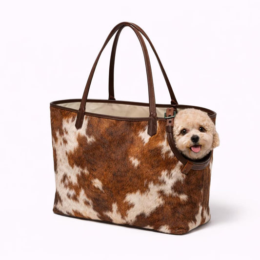 Cowhide Pet Carrier Bag for Small Dogs & Cats | Leather Travel Tote